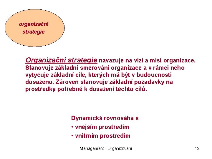 organizační strategie Organizační strategie navazuje na vizi a misi organizace. Stanovuje základní směřování organizace