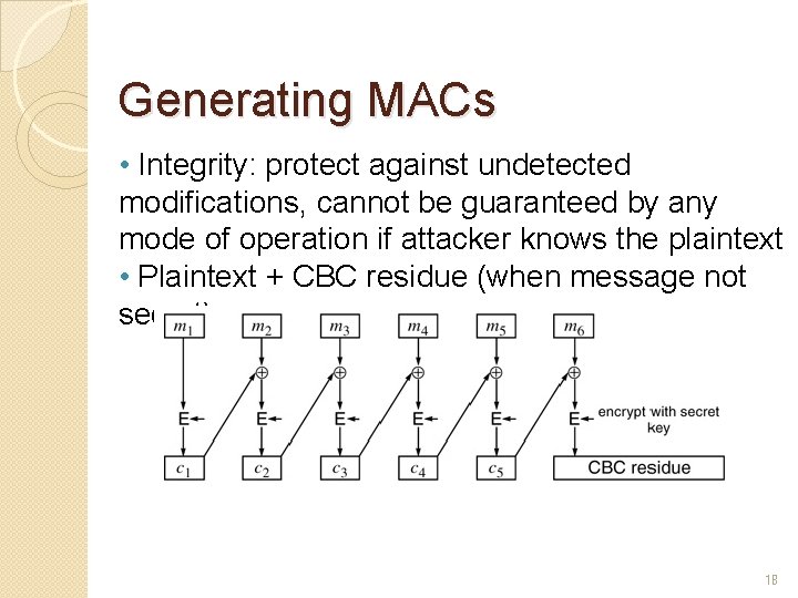 Generating MACs • Integrity: protect against undetected modifications, cannot be guaranteed by any mode