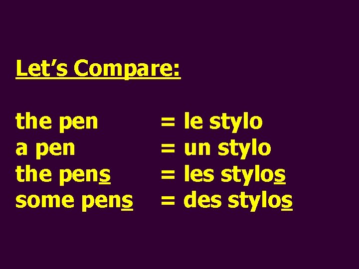 Let’s Compare: the pen a pen the pens some pens = le stylo =