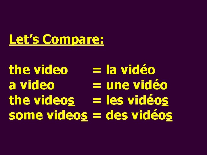 Let’s Compare: the video a video the videos some videos = la vidéo =
