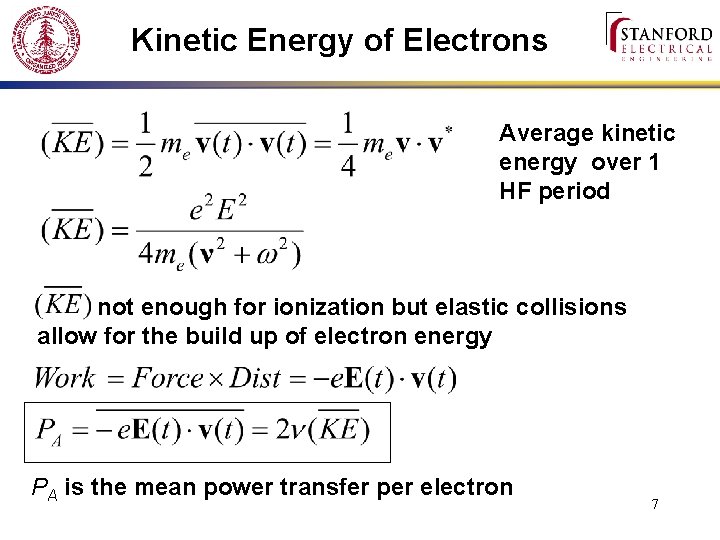 Kinetic Energy of Electrons Average kinetic energy over 1 HF period not enough for