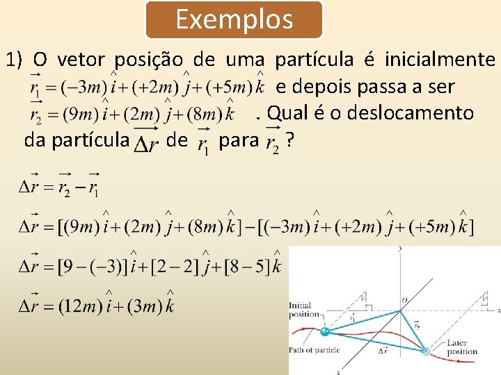 Exemplos 1) O vetor posição de uma partícula é inicialmente e depois passa a