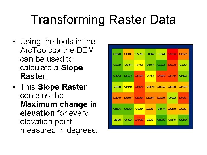 Transforming Raster Data • Using the tools in the Arc. Toolbox the DEM can