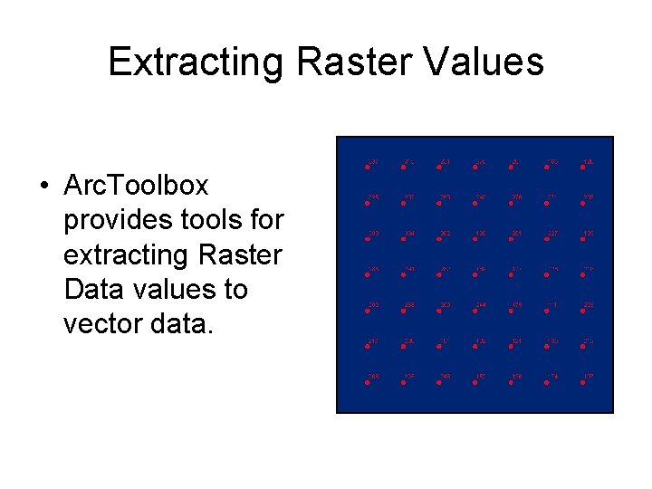 Extracting Raster Values • Arc. Toolbox provides tools for extracting Raster Data values to