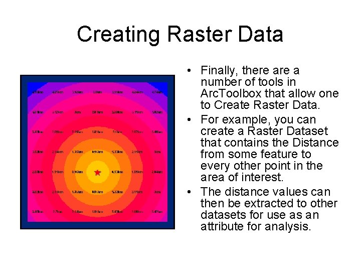 Creating Raster Data • Finally, there a number of tools in Arc. Toolbox that