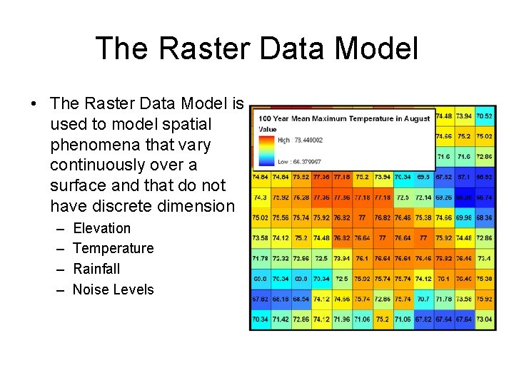 The Raster Data Model • The Raster Data Model is used to model spatial