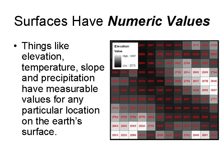 Surfaces Have Numeric Values • Things like elevation, temperature, slope and precipitation have measurable