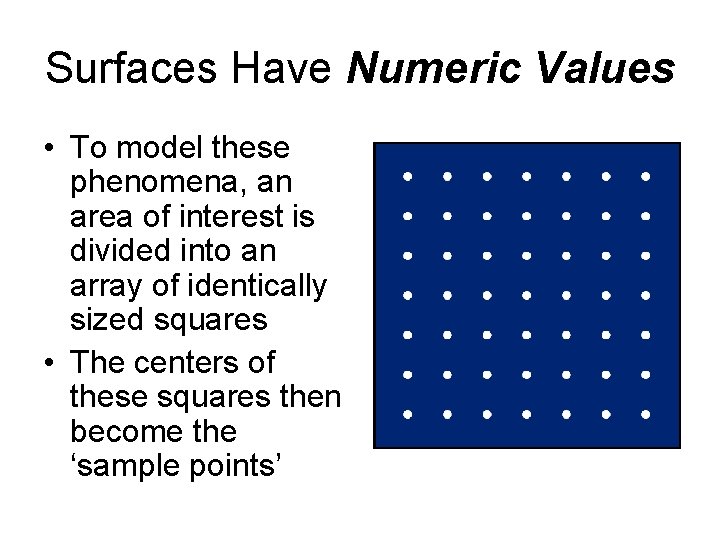 Surfaces Have Numeric Values • To model these phenomena, an area of interest is