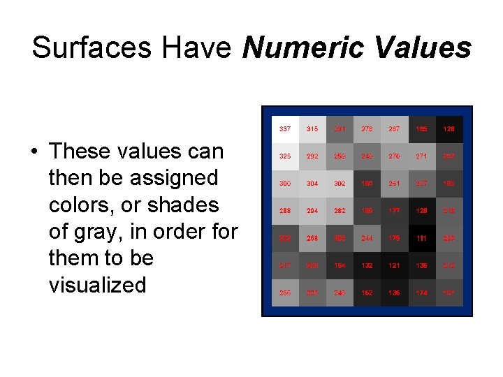 Surfaces Have Numeric Values • These values can then be assigned colors, or shades