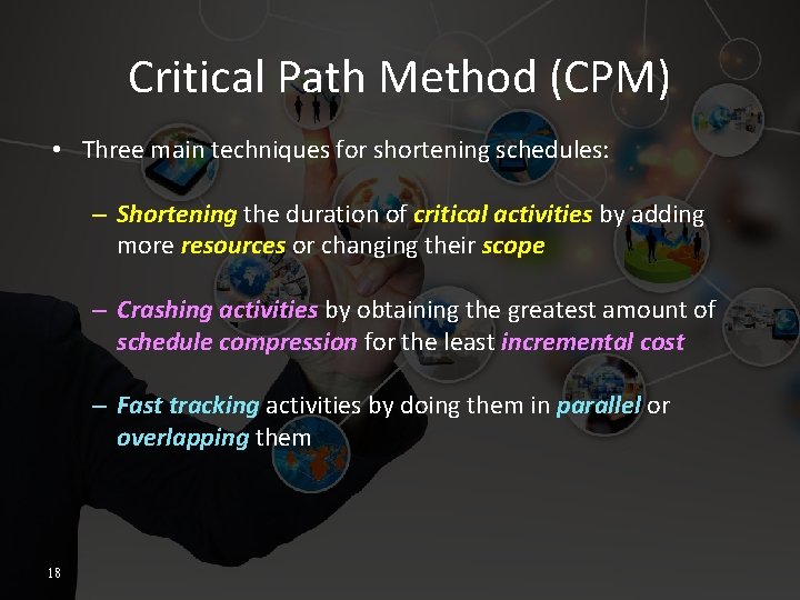 Critical Path Method (CPM) • Three main techniques for shortening schedules: – Shortening the