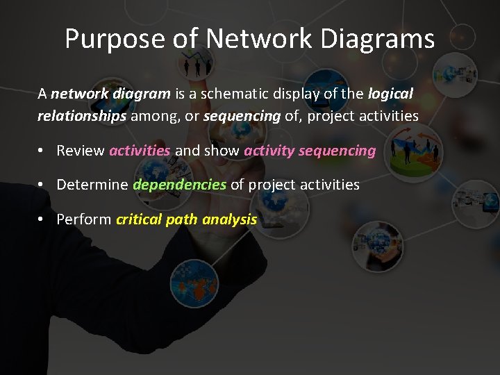 Purpose of Network Diagrams A network diagram is a schematic display of the logical