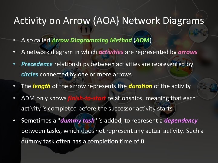 Activity on Arrow (AOA) Network Diagrams • Also called Arrow Diagramming Method (ADM) •