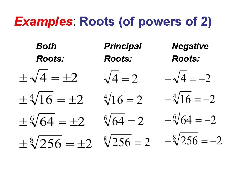 Examples: Roots (of powers of 2) Both Roots: Principal Roots: Negative Roots: 