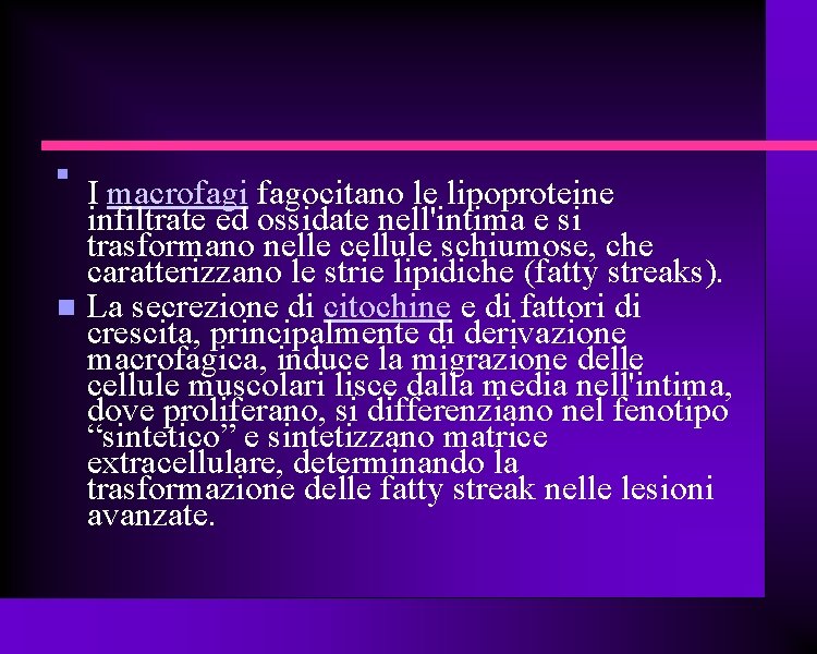  I macrofagi fagocitano le lipoproteine infiltrate ed ossidate nell'intima e si trasformano nelle