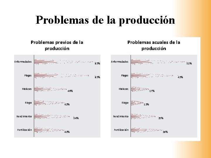 Problemas de la producción Problemas previos de la producción Enfermedades 83% Plagas Malezas Riego