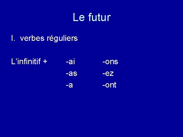 Le futur I. verbes réguliers L’infinitif + -ai -as -a -ons -ez -ont 