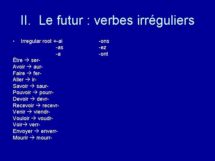 II. Le futur : verbes irréguliers • Irregular root +-ai -as -a Être ser.