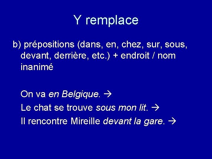 Y remplace b) prépositions (dans, en, chez, sur, sous, devant, derrière, etc. ) +