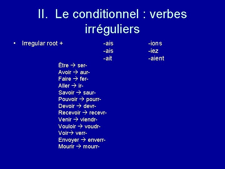 II. Le conditionnel : verbes irréguliers • Irregular root + -ais -ait Être ser.