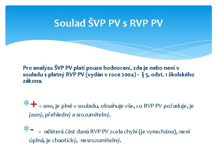 Soulad ŠVP PV s RVP PV Pro analýzu ŠVP PV platí pouze hodnocení, zda