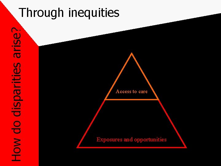 How do disparities arise? Through inequities Access to care Exposures and opportunities 
