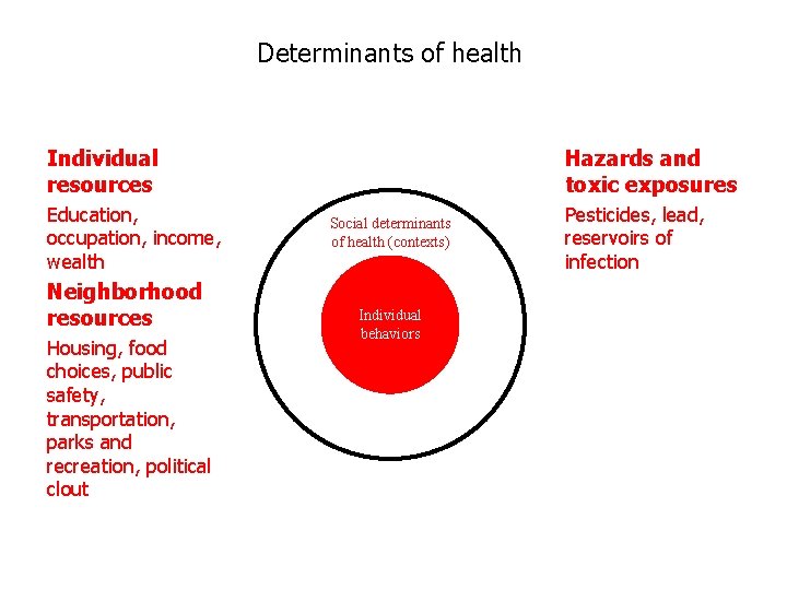 Determinants of health Individual resources Education, occupation, income, wealth Neighborhood resources Housing, food choices,