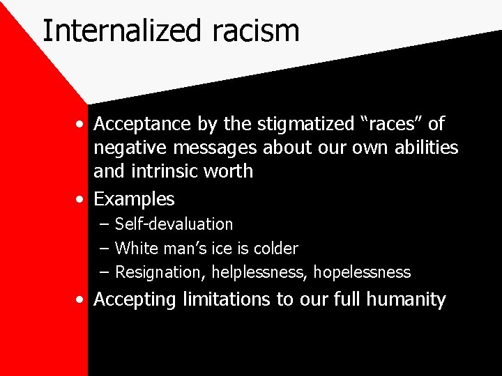Internalized racism • Acceptance by the stigmatized “races” of negative messages about our own