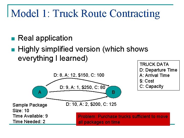 Model 1: Truck Route Contracting n n Real application Highly simplified version (which shows