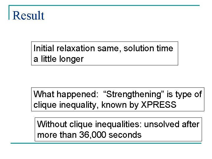 Result Initial relaxation same, solution time a little longer What happened: “Strengthening” is type