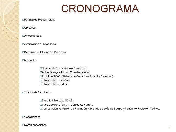 CRONOGRAMA �Portada de Presentación. �Objetivos. �Antecedentes. �Justificación e Importancia. �Definición y Solución del Problema