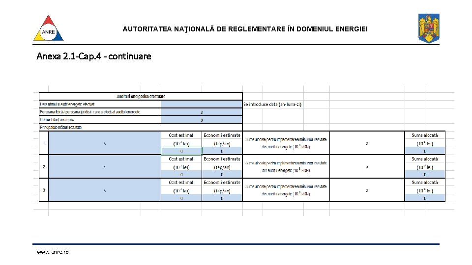 AUTORITATEA NAŢIONALĂ DE REGLEMENTARE ÎN DOMENIUL ENERGIEI Anexa 2. 1 -Cap. 4 - continuare