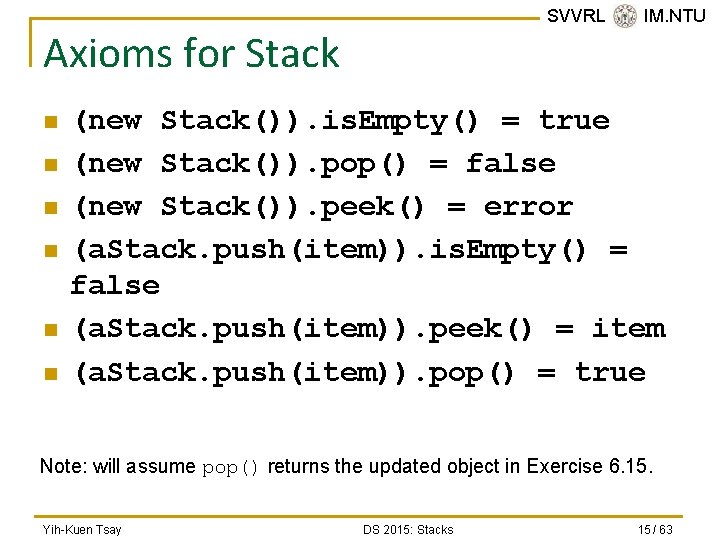 SVVRL @ IM. NTU Axioms for Stack n n n (new Stack()). is. Empty()