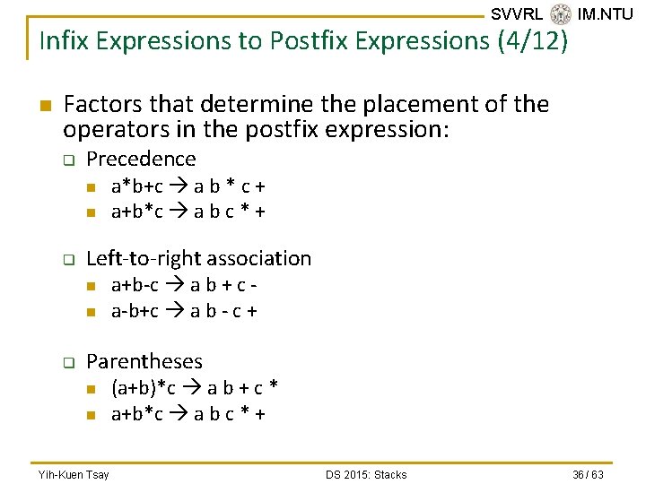 SVVRL @ IM. NTU Infix Expressions to Postfix Expressions (4/12) n Factors that determine