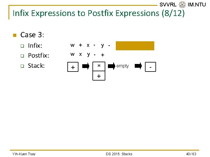 SVVRL @ IM. NTU Infix Expressions to Postfix Expressions (8/12) n Case 3: q