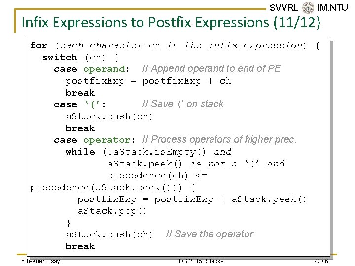 SVVRL @ IM. NTU Infix Expressions to Postfix Expressions (11/12) for (each character ch