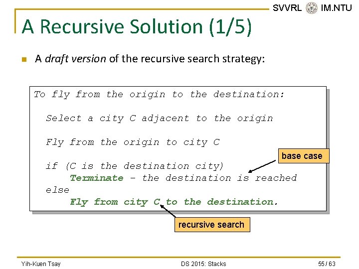 A Recursive Solution (1/5) n SVVRL @ IM. NTU A draft version of the