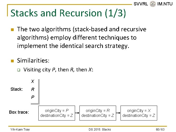 Stacks and Recursion (1/3) n n SVVRL @ IM. NTU The two algorithms (stack-based