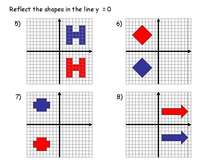 Reflect the shapes in the line y = 0 5) 6) 7) 8) 