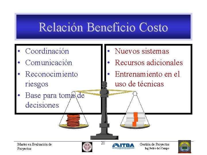 Relación Beneficio Costo • Coordinación • Comunicación • Reconocimiento riesgos • Base para toma