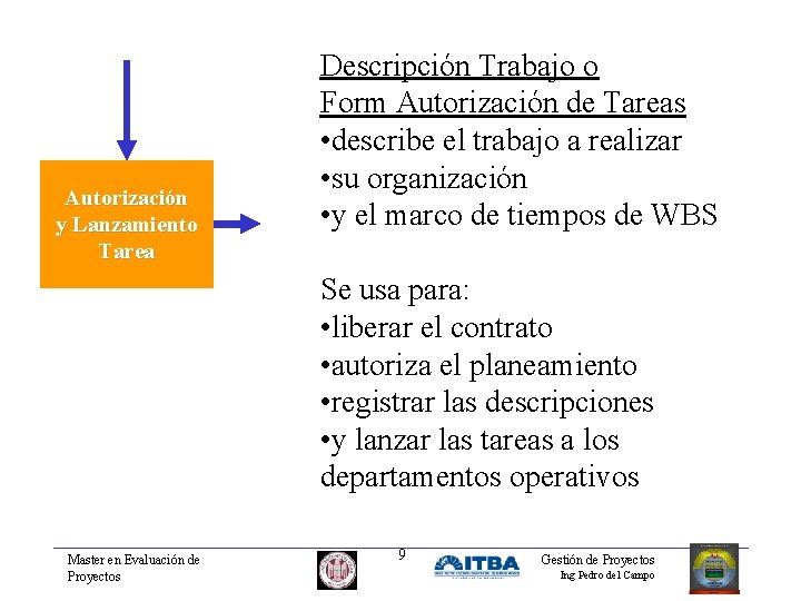 Autorización y Lanzamiento Tarea Descripción Trabajo o Form Autorización de Tareas • describe el