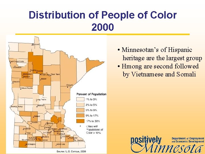 Distribution of People of Color 2000 • Minnesotan’s of Hispanic heritage are the largest