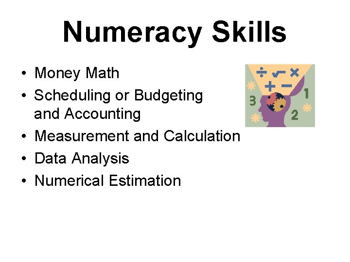Numeracy Skills • Money Math • Scheduling or Budgeting and Accounting • Measurement and