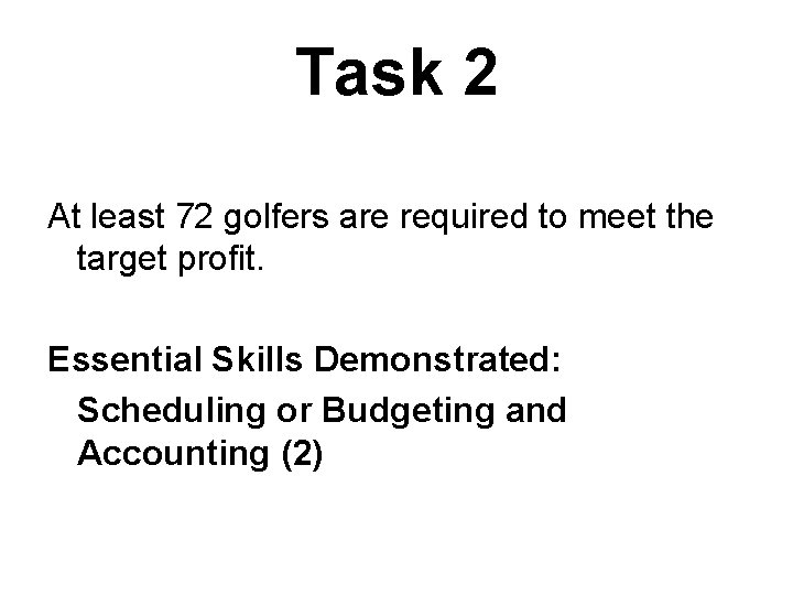 Task 2 At least 72 golfers are required to meet the target profit. Essential