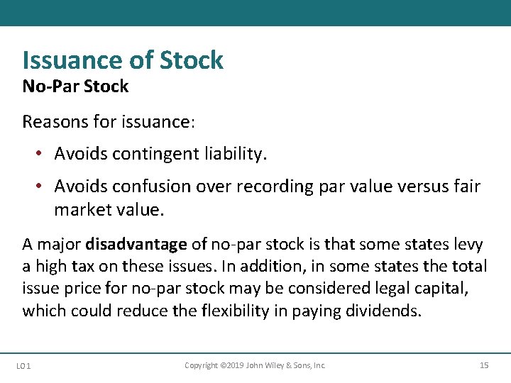 Issuance of Stock No-Par Stock Reasons for issuance: • Avoids contingent liability. • Avoids