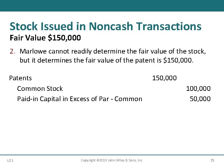 Stock Issued in Noncash Transactions Fair Value $150, 000 2. Marlowe cannot readily determine