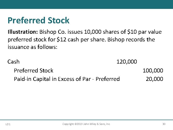 Preferred Stock Illustration: Bishop Co. issues 10, 000 shares of $10 par value preferred