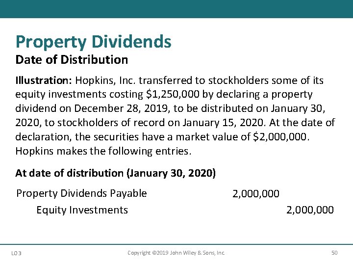 Property Dividends Date of Distribution Illustration: Hopkins, Inc. transferred to stockholders some of its