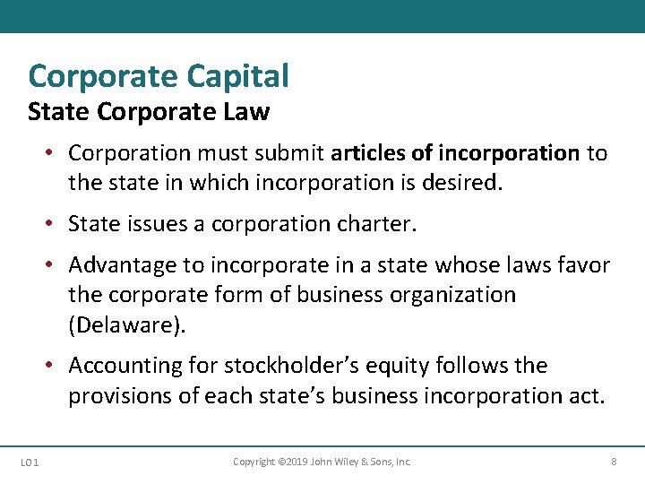Corporate Capital State Corporate Law • Corporation must submit articles of incorporation to the