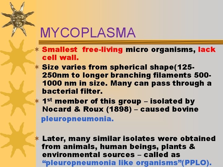 MYCOPLASMA ¬ Smallest free-living micro organisms, lack cell wall. ¬ Size varies from spherical