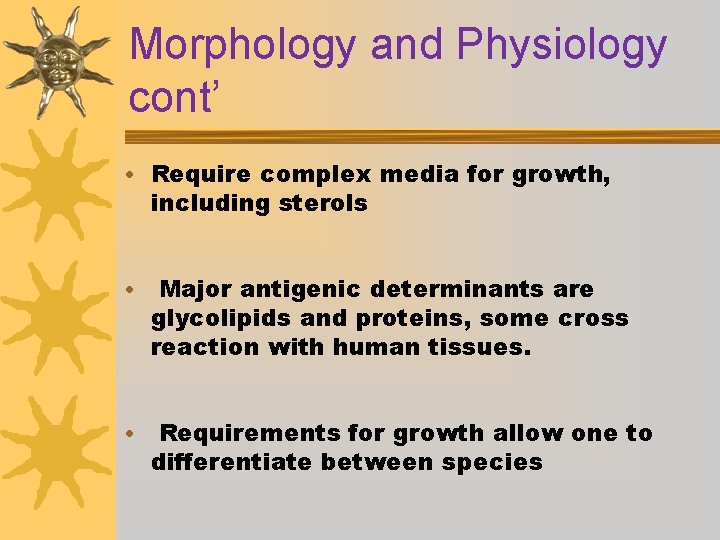 Morphology and Physiology cont’ • Require complex media for growth, including sterols • Major